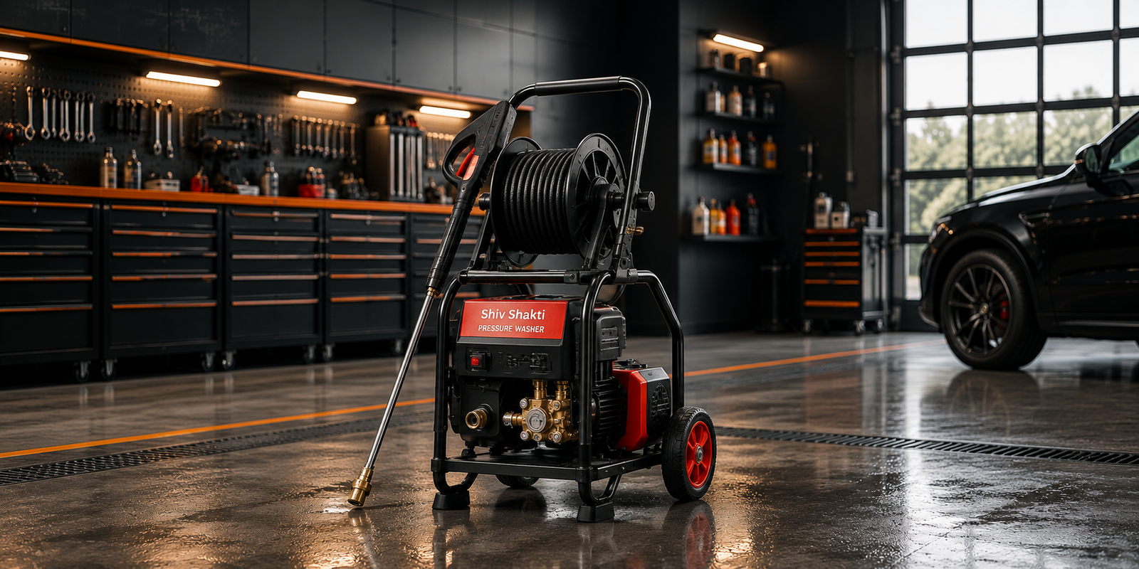 Industrial pressure washer in a premium automotive workshop