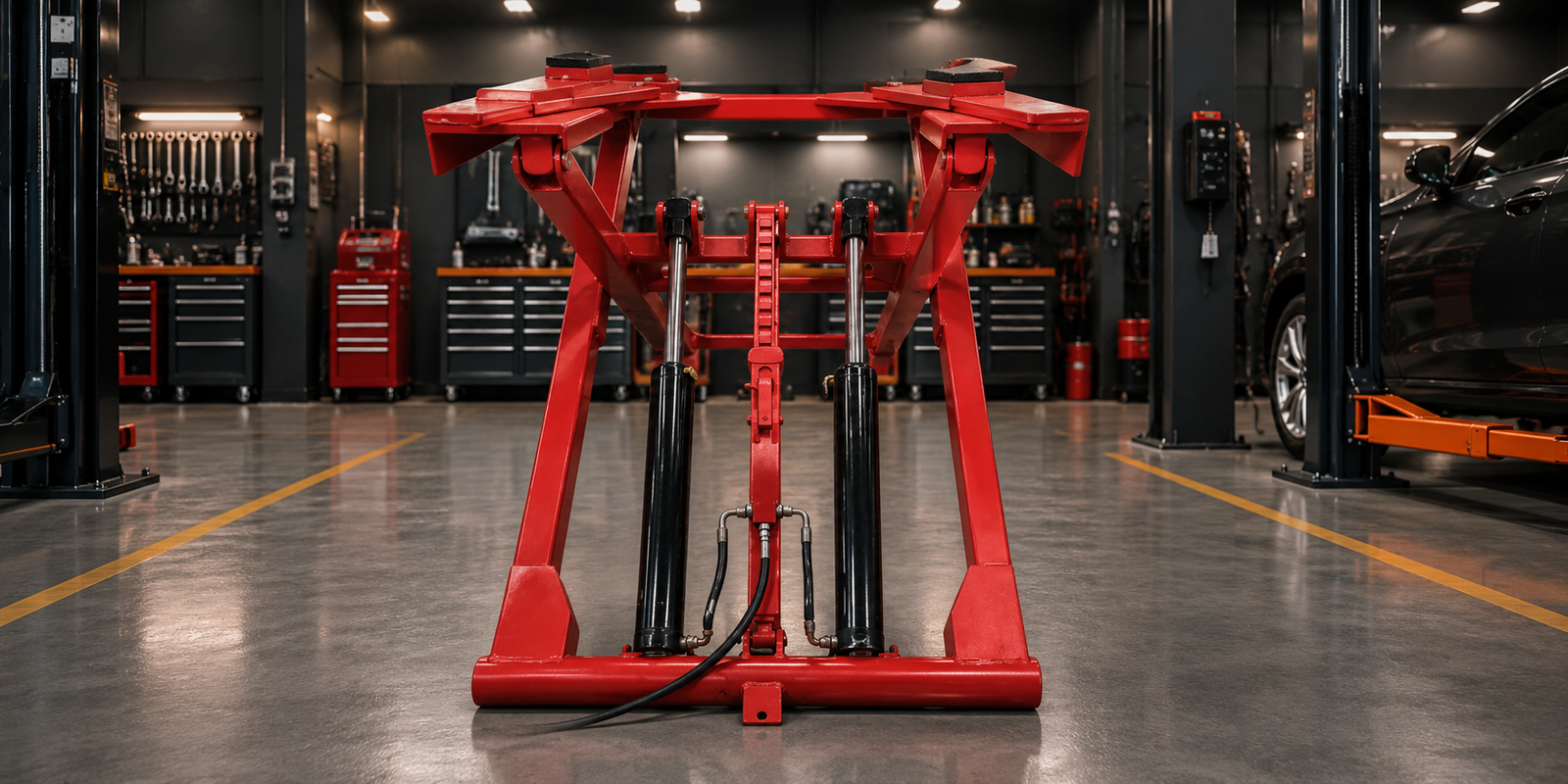 Red Trp scissor washing lift raised in a professional workshop