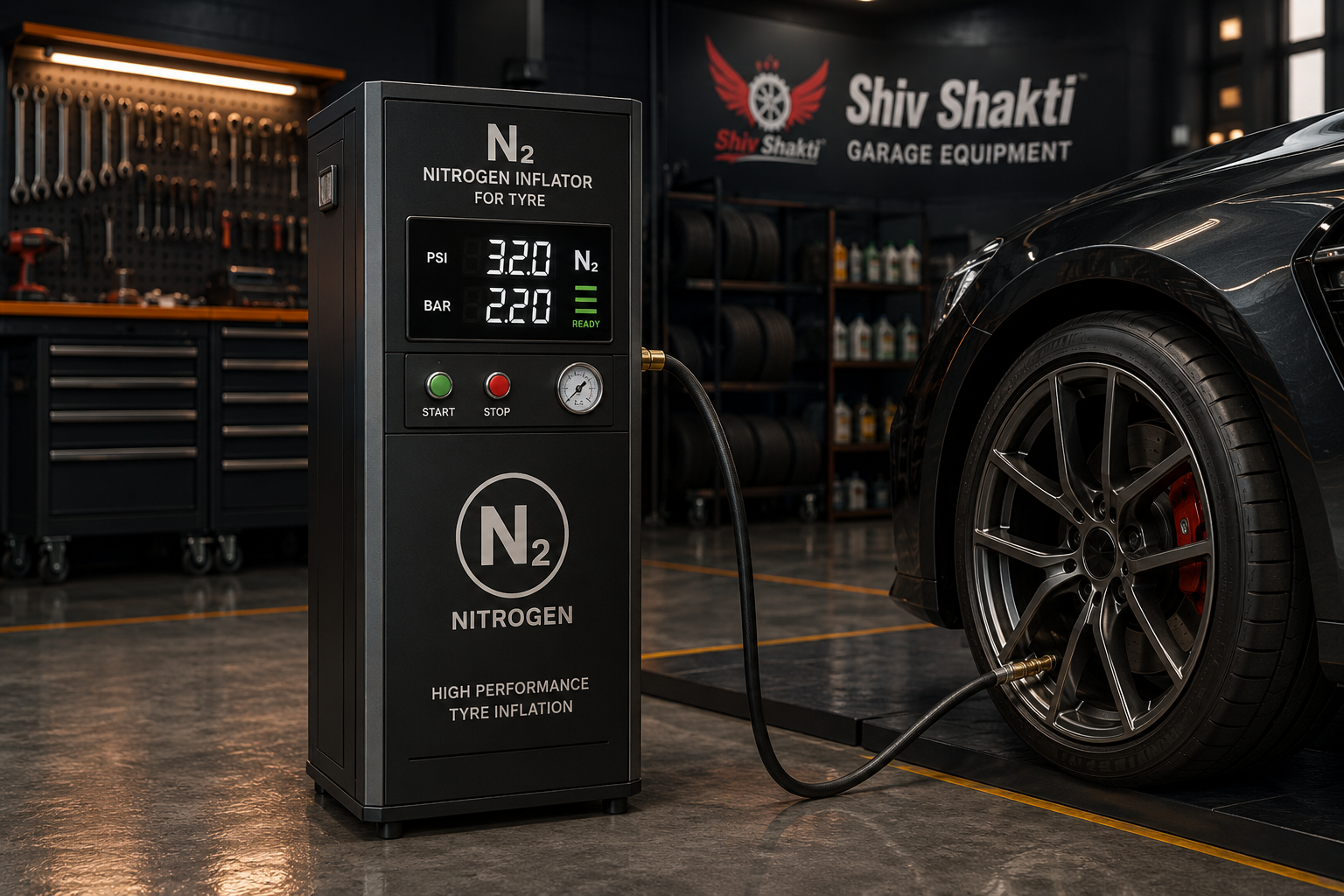 Nitrogen tyre inflator in a premium automotive workshop
