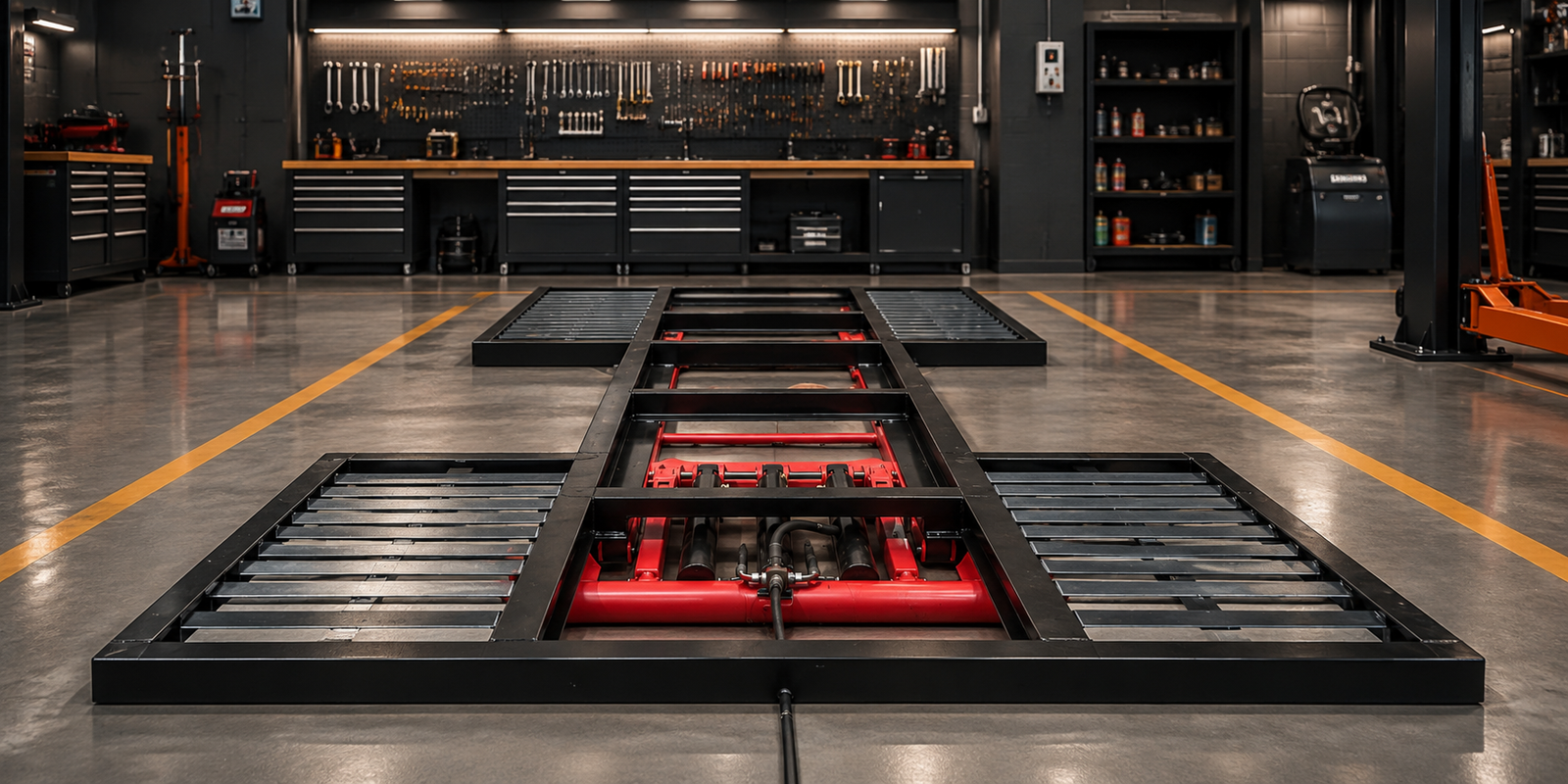 Trp scissor washing lift with grated deck in a professional workshop