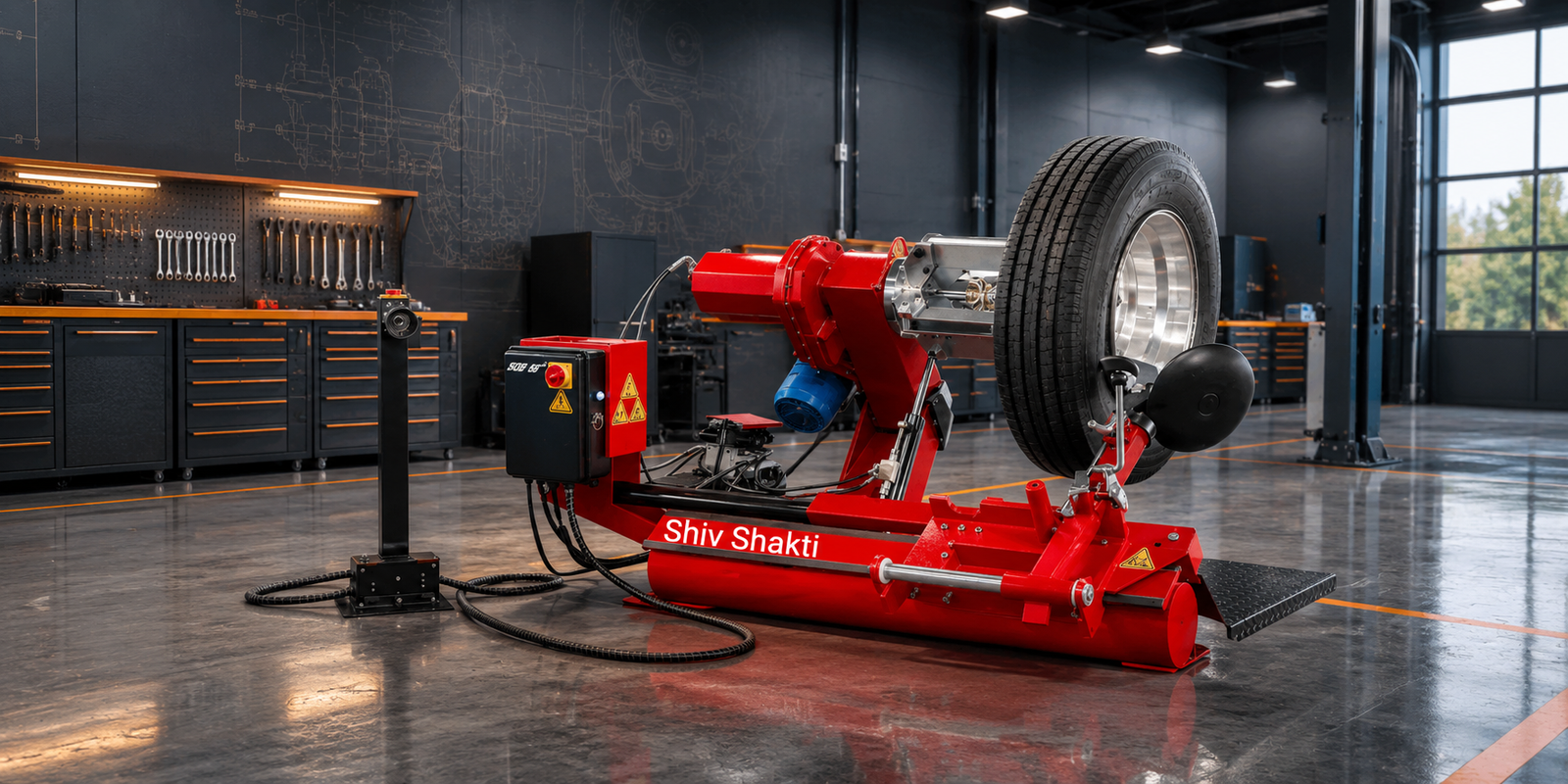 Heavy-duty tyre changer machine in a premium workshop