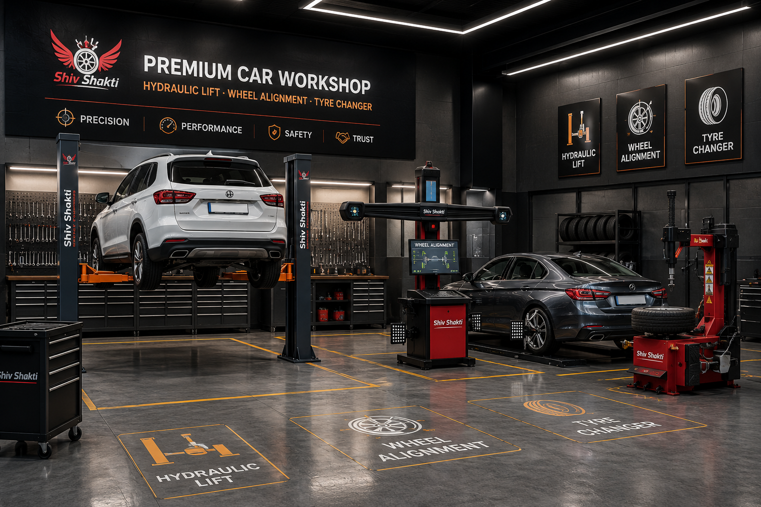Premium car workshop installation in Delhi with lifts and alignment bay