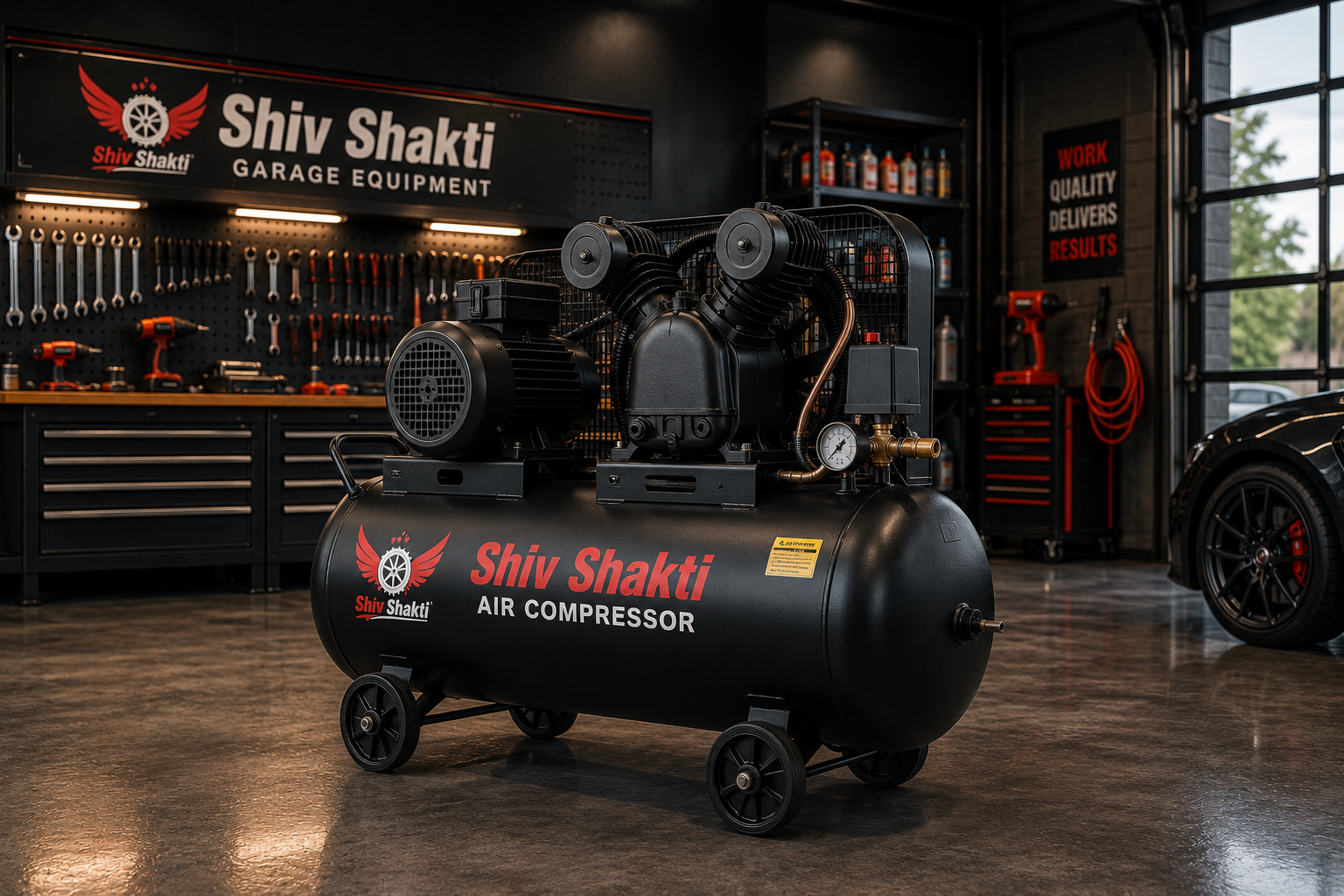 Shiv Shakti air compressor in a premium automotive workshop