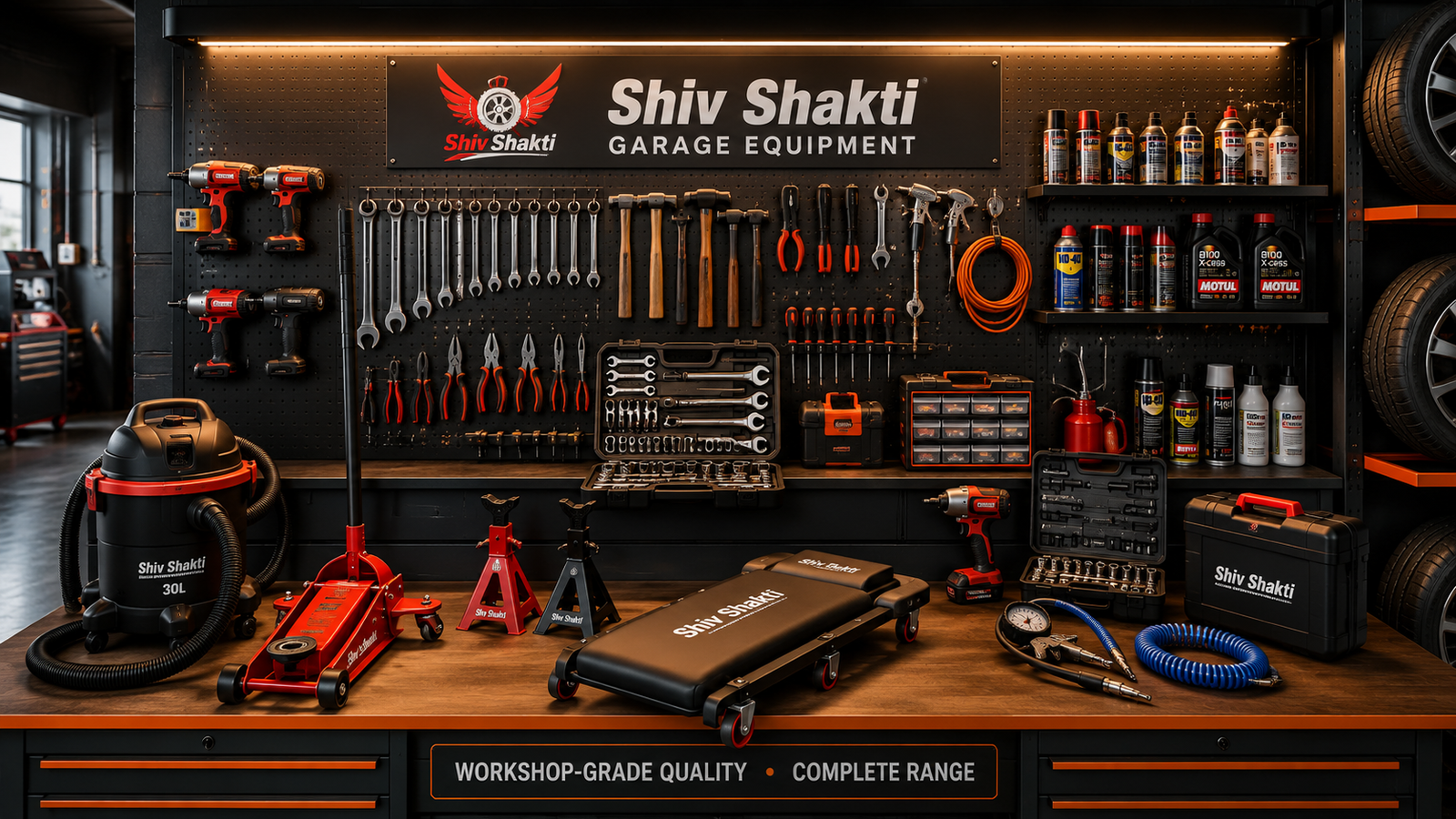 Workshop-grade garage tools and accessories on a professional workbench