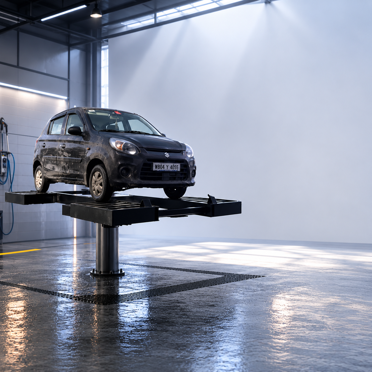 Vehicle on washing lift in a professional wash bay with industrial lighting