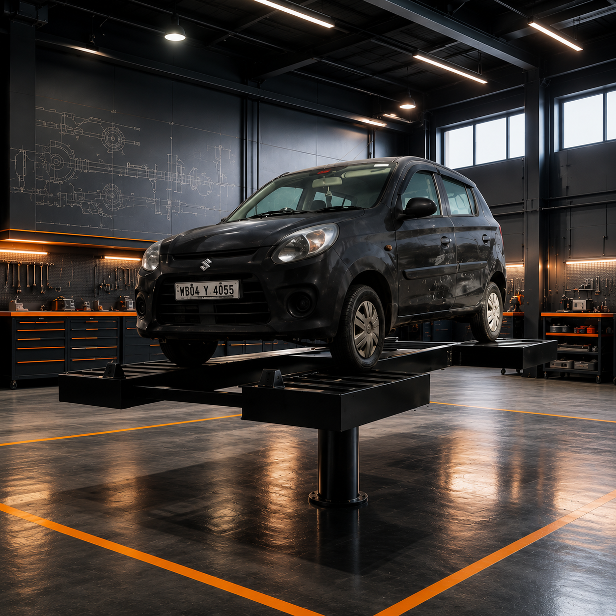 Hydraulic car lift elevating a vehicle in a premium workshop