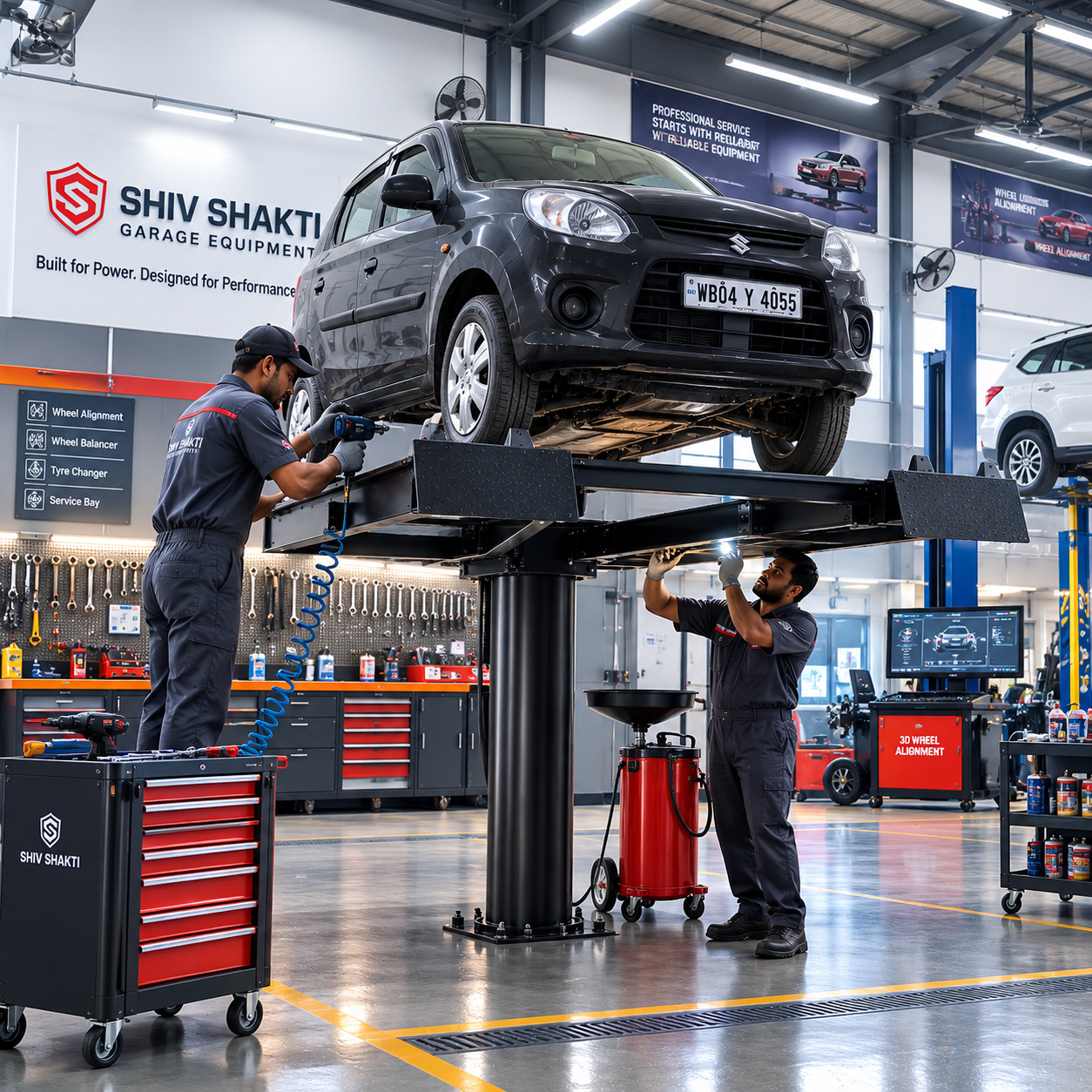 Technicians working on a vehicle raised on a Shiv Shakti TRP washing lift