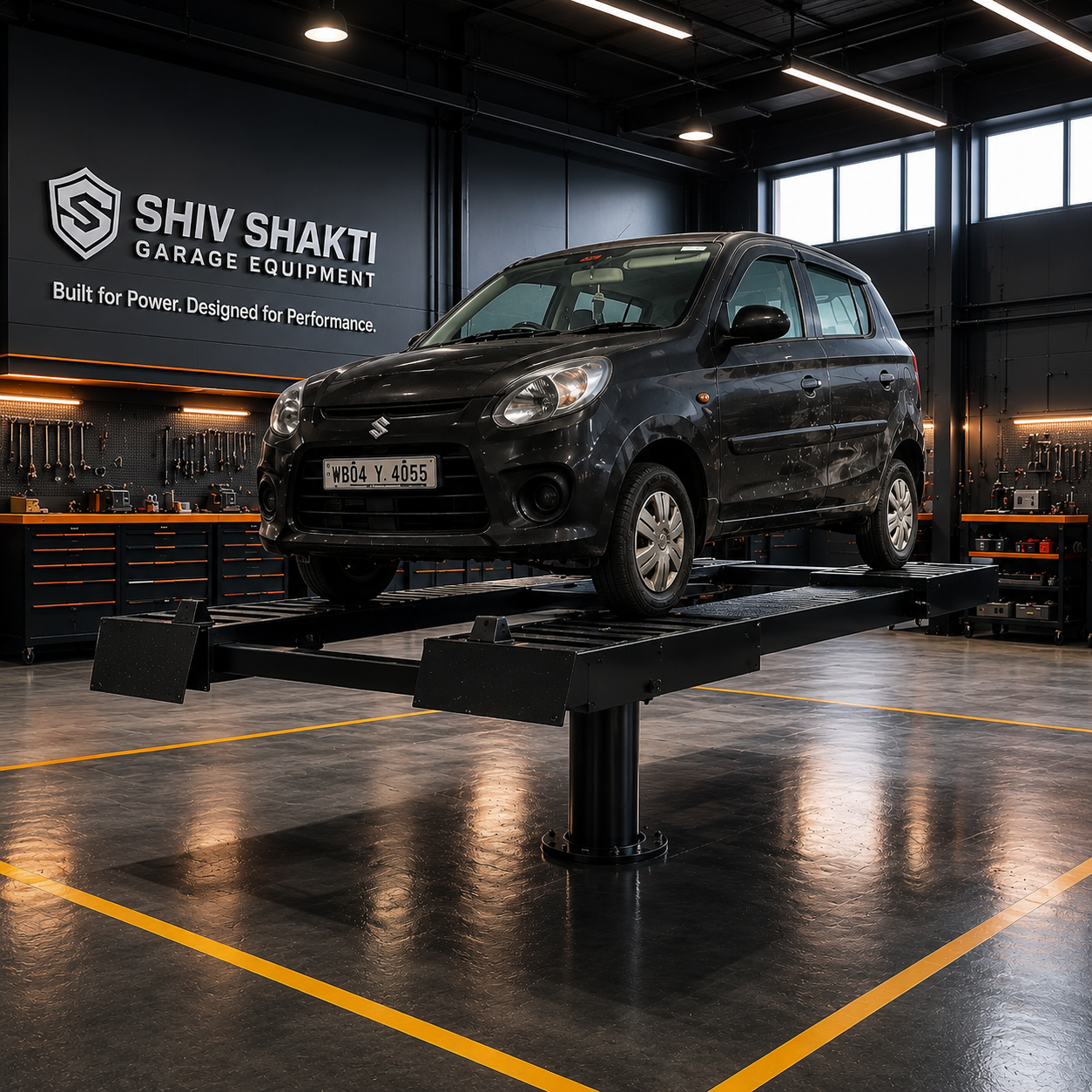 Industrial TRP washing lift with a hatchback elevated in a premium garage