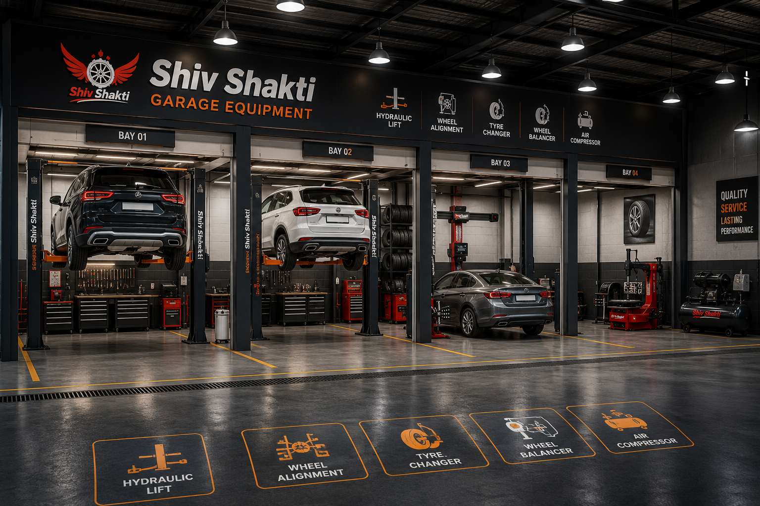 Premium multi-bay automobile workshop with hydraulic lifts and wheel service equipment