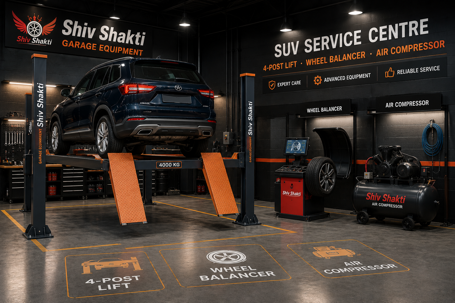 SUV service centre installation in Kolkata with 4-post lift and wheel balancer