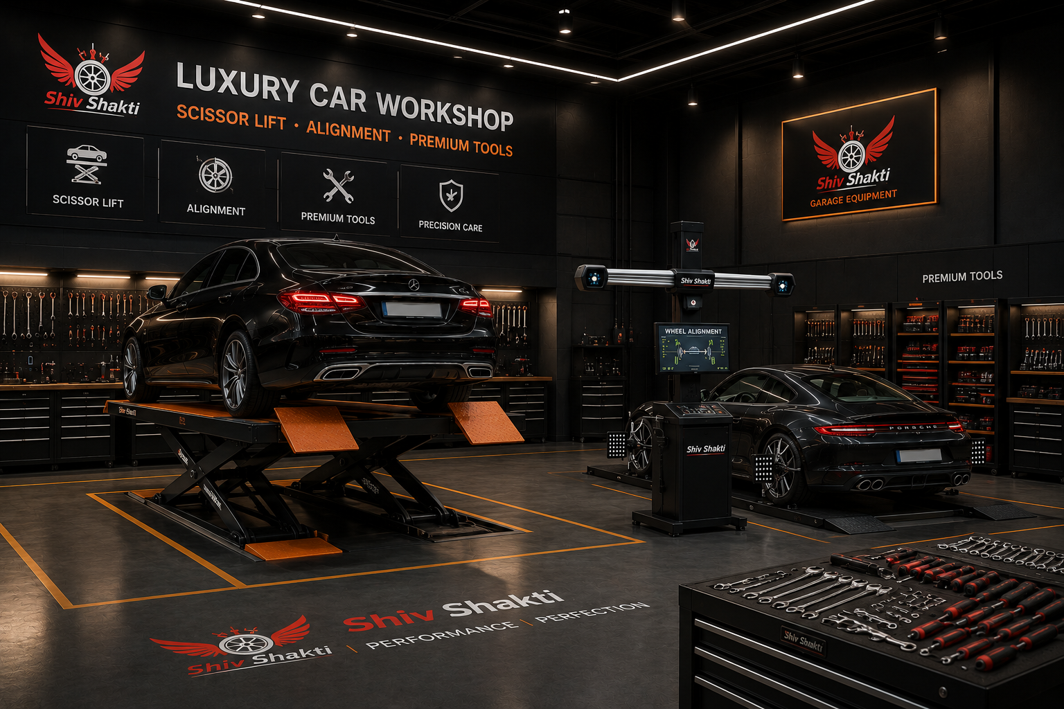 Luxury car workshop installation in Mumbai with scissor lift and alignment bay